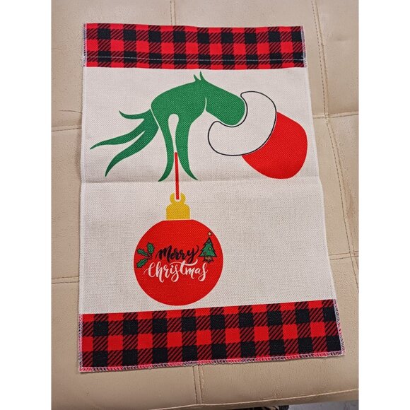 Christmas Flag Grinch Hand Holding Red Bulb "Merry Christmas" on Bulb. - Picture 2 of 2